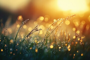 Close-up of grass and wild plants covered in morning dew sparkling under warm sunrise light