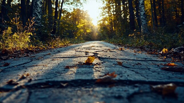 A low-angle shot of a cracked paved path winding through a forest in autumn, illuminated by warm golden sunlight filtering through the trees.