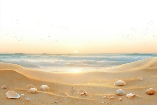 Peaceful sunrise over ocean waves with gentle sandy beach scattered with various seashells and distant flying seagulls under clear sky - Powered by Adobe