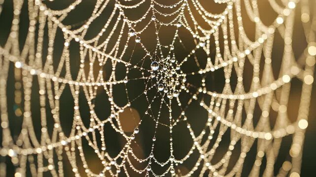 Close-up of a dewy spiderweb glistening in morning light with nature backdrop