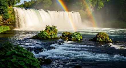 Obraz premium Majestic Waterfall with Rainbow in Lush Green Landscape.