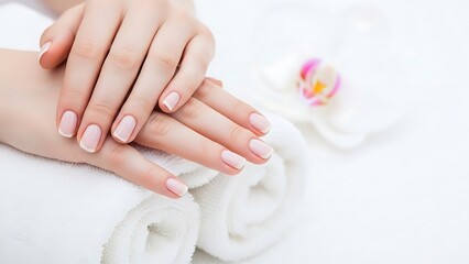 Fototapeta premium Elegant Hands on Soft Towel with Orchid Blossom.