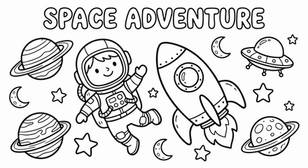 Embark on an exciting celestial journey with this delightful coloring page featuring an adorable astronaut a powerful rocket and mysterious planets © Hokyubi
