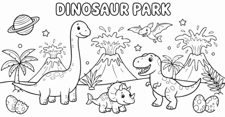 An exciting dinosaur park coloring page filled with happy prehistoric creatures erupting volcanoes and cosmic wonders perfect for children's creative artistic expression © Hokyubi