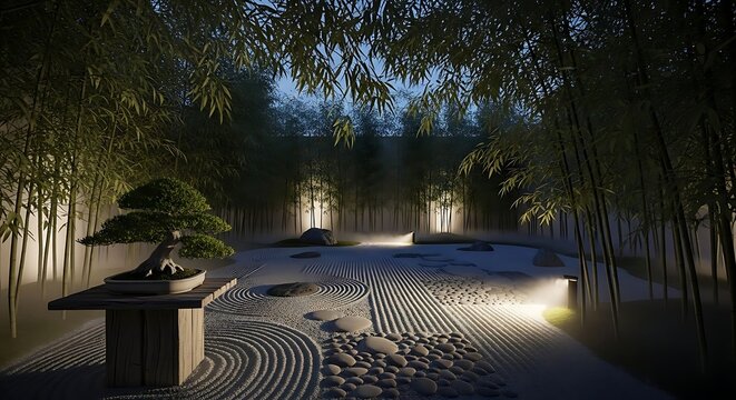 Tranquil Japanese Zen Garden at Night with Bonsai and Raked Sand.