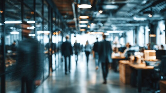 A blurred view of professionals walking through a modern office space, showcasing a dynamic work environment filled with collaborative energy.