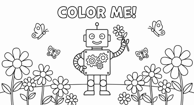 An adorable robot enjoying a beautiful day in the garden surrounded by lovely blooming flowers and playful butterflies