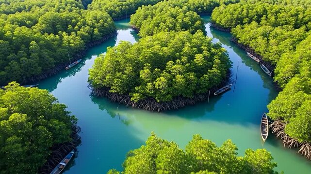 Mangrove Forest: An aerial vista showcases a lush mangrove forest intertwined with vibrant turquoise waterways. This tropical ecosystem thrives with dense green foliage and winding channels. 