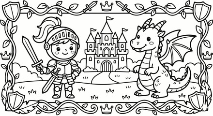 An enchanting coloring page depicting a cute knight and a cheerful dragon with a majestic castle in the background