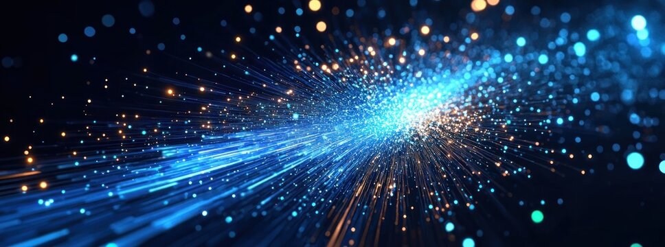 Bright digital light streaks and particles converging in a dynamic explosion of blue and orange glowing points against a dark background, evoking energy and motion