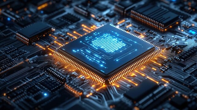 Close-up of a glowing blue and orange microchip on a high-tech electronic circuit board emitting light in a futuristic technology setting