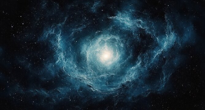 Bright glowing spiral galaxy with swirling blue and white clouds of cosmic dust and stars in deep space