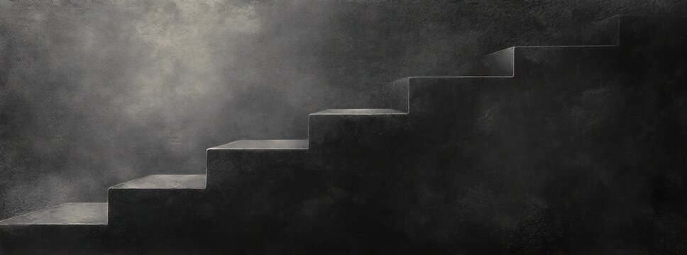 Dimly lit staircase ascending into darkness with textured walls and scattered faint light creating a mysterious and somber atmosphere