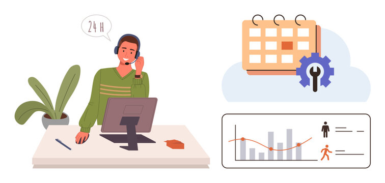 Customer service representative using headset and computer. Analytics bar graph, calendar with cog represent productivity. Ideal for communication, customer support, analytics, teamwork, scheduling