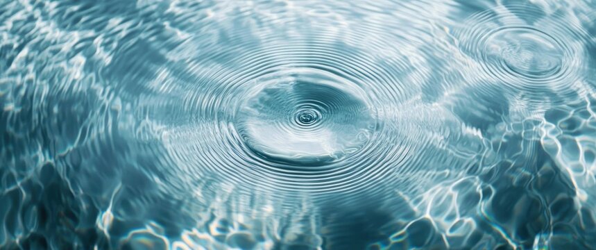 Close-up view of concentric water ripples and reflections on a calm blue water surface caused by droplets - Powered by Adobe