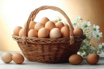 Wicker basket filled with various shades of brown eggs placed on white surface with delicate white flowers in soft warm light background
