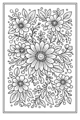Enjoy a moment of tranquility coloring this beautiful and intricate floral pattern featuring various blooming flowers and delicate foliage