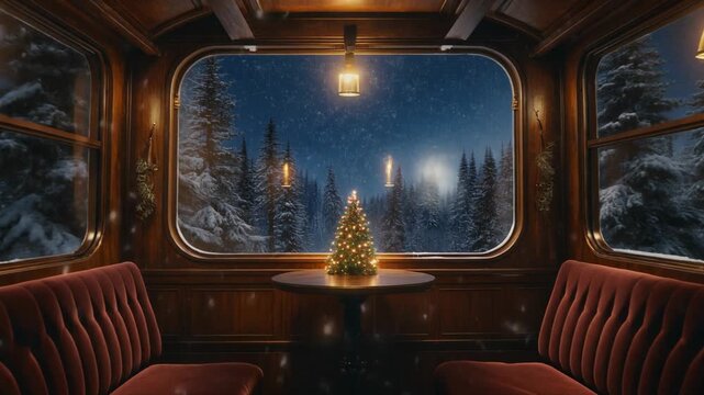 Cozy Christmas train ride through a snowy forest at night, inside a glass-roofed observation car.