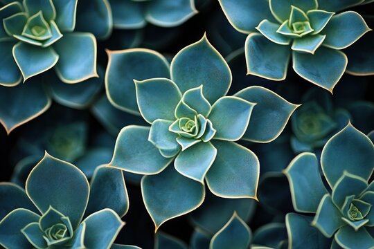 close-up of blue-green succulent plants with pointed leaves arranged in rosette patterns
