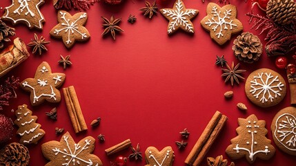 Festive christmas frame with gingerbread cookies, cinnamon sticks, and pine cones on a vibrant red background, creating a warm and inviting holiday atmosphere