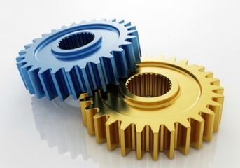 Two interlocking gears in blue and gold isolated on white background