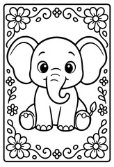 A delightful and charming baby elephant coloring page for children featuring a cute animal character sitting peacefully amidst lovely flowers