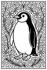 A delightful coloring page featuring an adorable penguin framed by intricate floral patterns and elegant swirls ready for creative artistic expression
