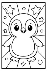 Happy baby penguin coloring page radiating joy surrounded by sparkling stars and playful circles for young artists to unleash creativity