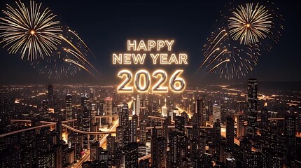 Happy New Year 2026 Celebration Over Cityscape at Night.