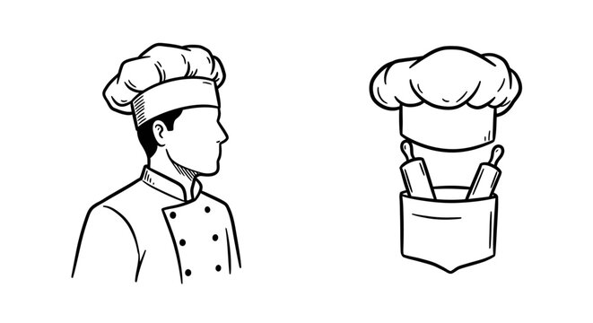 A professional chef in traditional uniform and a separate chef's hat with baking tools represent the culinary arts and professional cooking industry.