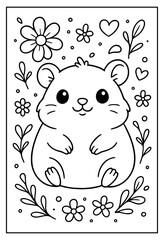 A delightful coloring page featuring an adorable cartoon hamster surrounded by charming flowers leaves and cute tiny hearts perfect for kids