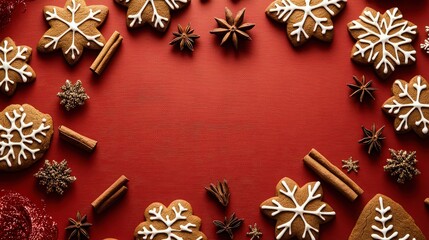 Festive christmas composition featuring gingerbread cookies, star anise, and cinnamon sticks arranged on a textured red surface, creating a warm and inviting holiday scene