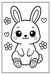 A delightful and adorable cartoon bunny coloring page for young children featuring playful flowers and sweet hearts perfect for creative artistic expression