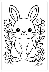An adorable cartoon bunny rabbit surrounded by beautiful blooming flowers and lush green leaves a delightful coloring page for children