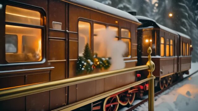 Vintage train in a snowy winter landscape with warm interior lights.