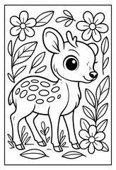 Adorable spotted fawn surrounded by beautiful blossoms and lush foliage ready for a creative coloring adventure
