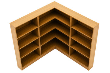 Empty wooden corner bookshelf unit with multiple shelves for storage on a transparent background