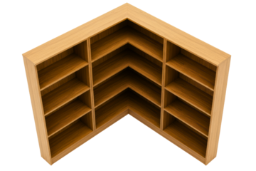 Empty wooden corner bookshelf unit with multiple shelves for storage on a transparent background