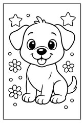 An adorable happy puppy coloring page for kids features a cute dog surrounded by stars and flowers for creative fun