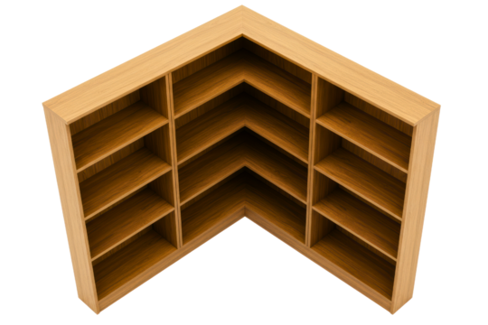 Empty wooden corner bookshelf unit with multiple shelves for storage on a transparent background