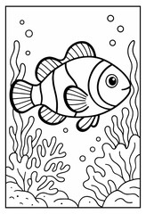 A playful clownfish swims through a beautiful underwater world with coral and seaweed a fun coloring page for kids