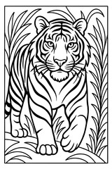 A majestic striped tiger with powerful paws gracefully walks through dense jungle foliage a captivating scene ready for artistic coloring