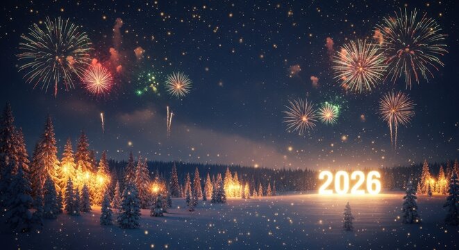 A snowy landscape features the numbers 2026 illuminated in the foreground. Colorful fireworks burst in the night sky above a forest of evergreen trees.