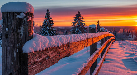 Snow covered wooden fence at sunset in a winter landscape with trees and a colorful sky creating a serene and beautiful winter scene