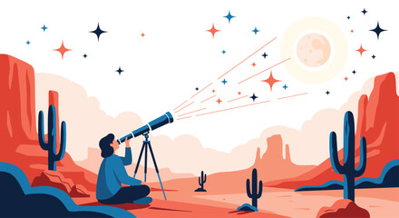 An individual uses a telescope in a vast, stylized desert to observe the moon and stars, with prominent red rock formations and saguaro cacti.
