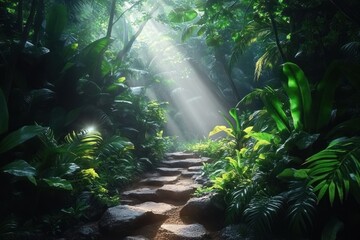 sunlit stone steps winding through a lush tropical forest with dense green foliage, towering canopy and a serene, mystical atmosphere