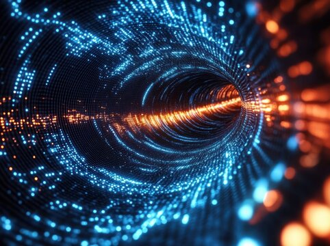Mesmerizing glowing blue and orange digital tunnel of swirling lights and particles, a converging vortex of data conveying motion, depth and futuristic energy