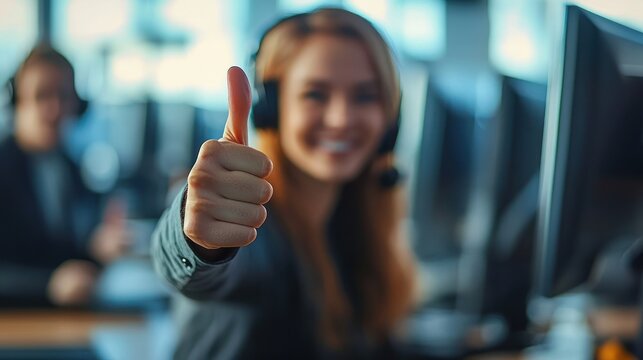 call center agent wearing headset gives thumbs up in a busy office with computer monitors and coworkers, confident upbeat approval