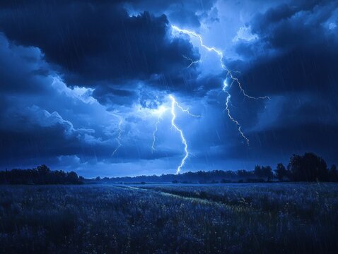 Dramatic nighttime thunderstorm over open meadow with multiple lightning bolts, heavy rain and dark storm clouds creating an ominous powerful atmosphere
