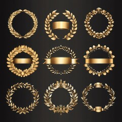 nine ornate golden laurel wreaths and circular frames with ribbons and blank banners on dark background conveying elegant luxurious celebratory emblems